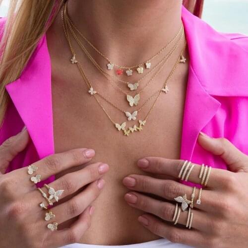 New Arrived Fashion Multi-layer Chain Butterfly Pendant Necklace With Clear Cz Paved For Women Gold Silver Color Wedding Jewelry