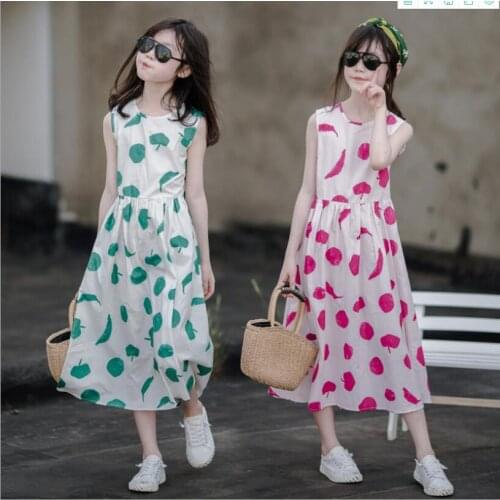 Kids Clothes Flower Girl Dresses Cotton Sleeveless Print Beach Dresses Cute Princess Dress Elegant Children Clothes 6 8 10 12
