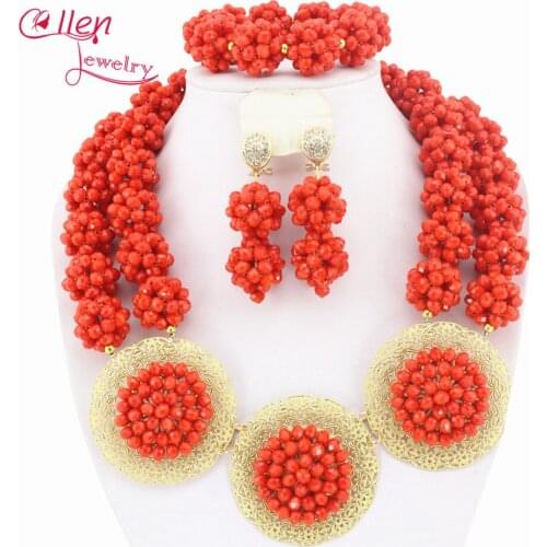 Coral Crystal Balls Necklace Bracelet Earrings Sets Costume Jewellry Nigerian Wedding African Beads Jewelry Set W7453