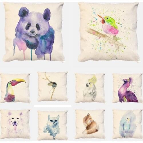 45cm*45cm Creative Pillow Fashion Watercolor Cartoon Animal Panda Birds Mouse Home Decor Cotton Linen Cushion Cover 1738