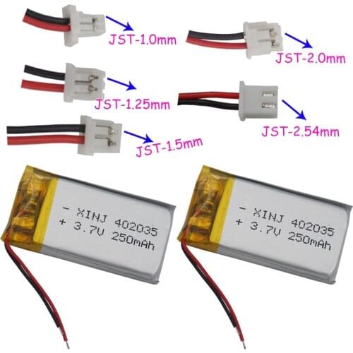 3.7V 250mAh Lithium Polymer Battery 2pin 1.0/1.25/1.5/2.0/2.54mm plug 402035 For GPS Car camera MP3/MP4 Driving recorder DIY LED