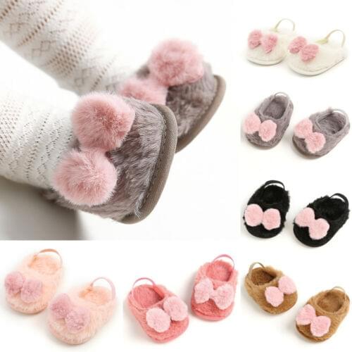 2020 New Fashion Baby Slippers Winter Warm Newborn Girl Cute Faux Bow Soft Crib Band Fuzzy Shoes Home Kids Pure Color Cotton