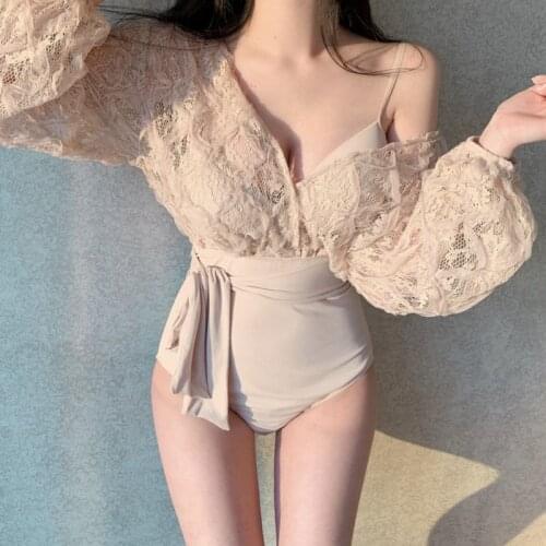 2021 Newest Women One Piece Swimsuit Lace Sexy Long Sleeves Monokini Padded Korean Style Beach Wear Off Shoulder Bathing Suit