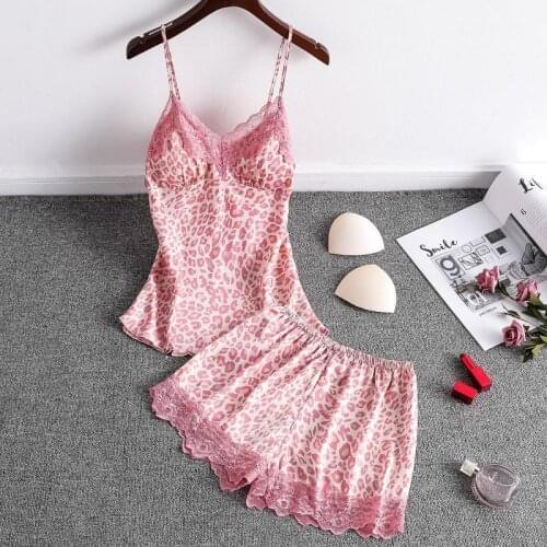 Tufaha Pink Leopard Print Sexy Pajamas with Chest Pad Two Piece Set Satin Pajamas Sleepwear Pajama Shorts Women