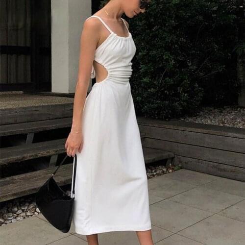 White Midi Backless Dress Women Hollow Out 2021 Summer Bandage Sexy Beach Spaghetti Strap Black Casual Dresses