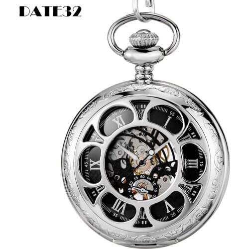 Roman Numerals Dial Mechanical Pocket Watch Luxury Sliver Body Fob Chain Hollow Case Engraved Case Clock for Men Dropshipping