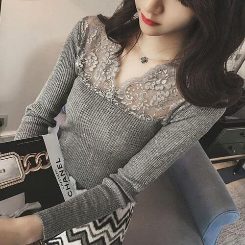 Sexy Women Lace Knitwear Tops Fashion Floral Embroidery Long Sleeve Slim Elastic Soft Blouse Elegant Shirt