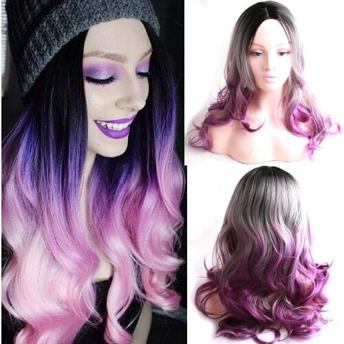 Synthetic Hair Wigs Long Ombre Black Grey Purple Wavy Middle Part Cosplay Synthetic Wigs For Women Heat Resistant Hair Wig