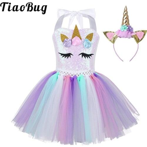 TiaoBug Girls Cartoon Halter 3D Flower Shiny Sequin Mesh Princess Tutu Dress with Hair Hoop Kids Cosplay Party Halloween Costume