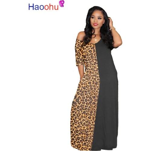 HAOOHU vintage leopard print patchwork women short sleeve v-neck slim maxi dress party beach casual long dresses vestidos