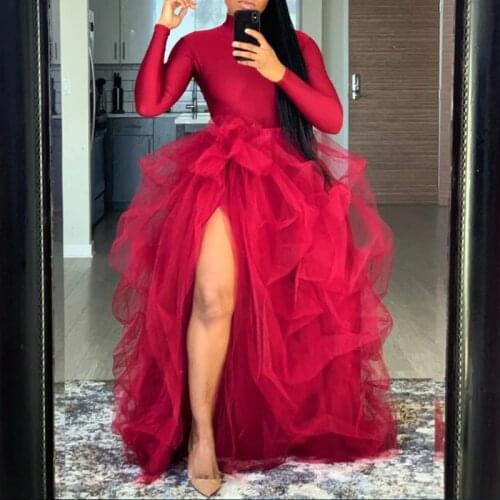Sexy Puffy Tulle Long Skirt Ball Gown Floor Length Maxi Skirt for Women Burgundy Draped High Slit Tulle Skirts Custom Made