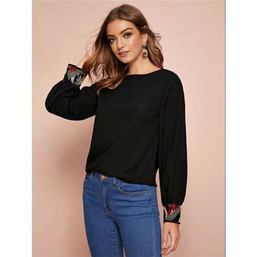 Neatie kiddie Fashion OL Chiffon Shirt Women Top O-neck Sequined Cuff Loose Blouse for Female Clothes