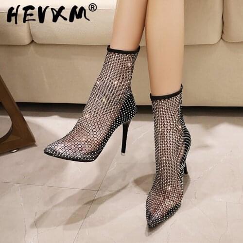 2021 Fashion Crystal Transparent PVC Mesh Upper Ankle Boots for Women Pointed Toe High Heels Shoes Woman Zapatos De Mujer