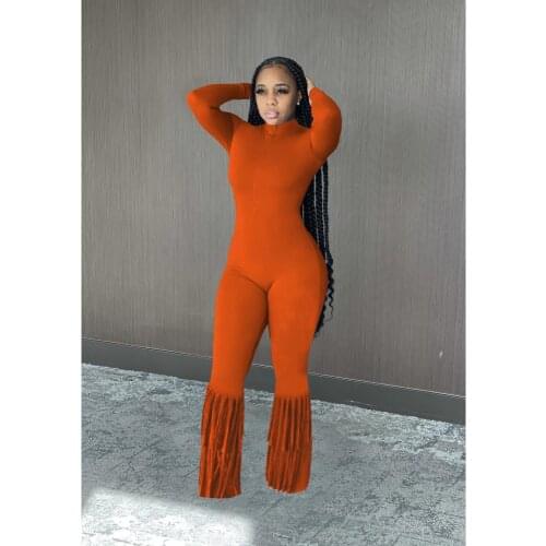 Solid Color Sexy Invisible Zipper Turtleneck Long Sleeve Jumpsuit Leg Tassel Flared Pants Womens One Piece Romper Autumn Winter
