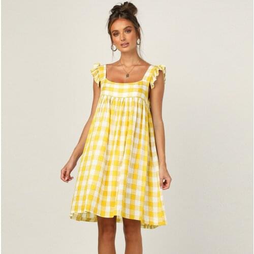 Summer Women Square Collar Plaid Short Sleeve Dress Sexy Backless High Waist Boho Dresses Casual Beach Yellow Sundress Vestidos