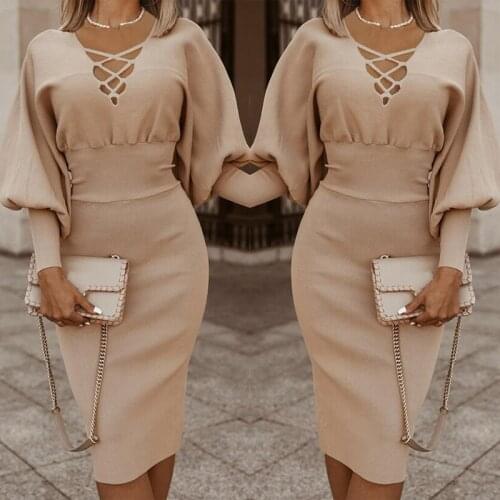 2020 Sexy Womens Dress V-Neck Lantern Sleeve Solid Color Slim Dress Elegant Fashion Casual Party Knitted Pencil Skirt H10072