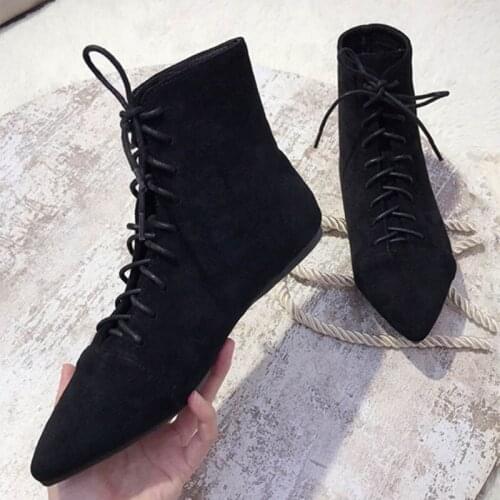 Winter Nubuck flock ankle botas plush lace up botines mujer pointed toe short riding boots trendy velvet flat chelsea boots 2020