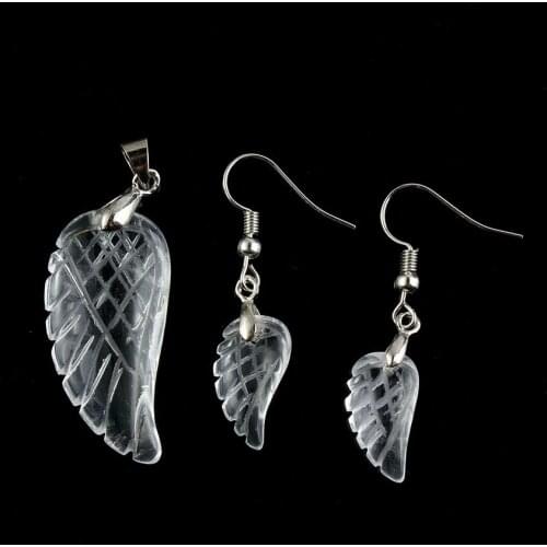 100-Uniqe 1 Set Silver Plated Natural Rock Crystal Angel Wing Pendant Drop Earring For Party Jewelry Set