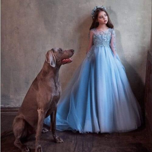 2021 Long Sleeve Blue Flower Girl Dresses For Wedding Beaded Lace Sequins Kids Pageant Gowns Birthday Wear First Communion Dress