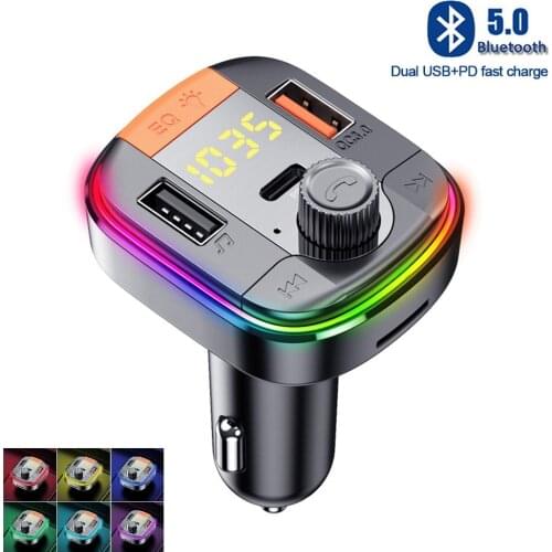 FM Transmitter Bluetooth 5.0 Adapter Colorful Car Mp3 Player Handsfree Calling 2 USB Port with PD QC 3.0 Fast Charge Car Kit