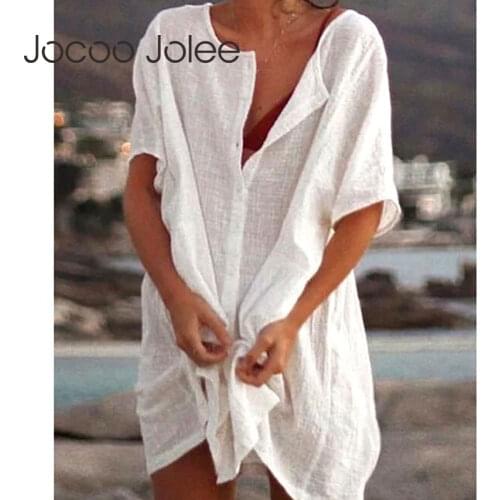 Jocoo Jolee Women Loose Round Neck Solid Half Sleeve Buttons Summer Casual Blouse Basic Office Lady Beach T-Shirts Oversized