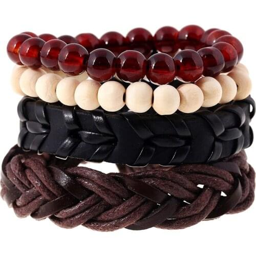 1 Set Punk Genuine Wrap Leather Bracelets Men Women Beads Cuff Jewelry Accessories Bracelet & Bangle Wood Wax Cord Kid Gift