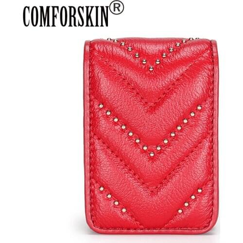 COMFORSKIN Genuine Leather Lipstick Box Storage Bag New Arrivals Cowhide Make Up Bag Wave Pattern Ladies Portable Mirror Cases
