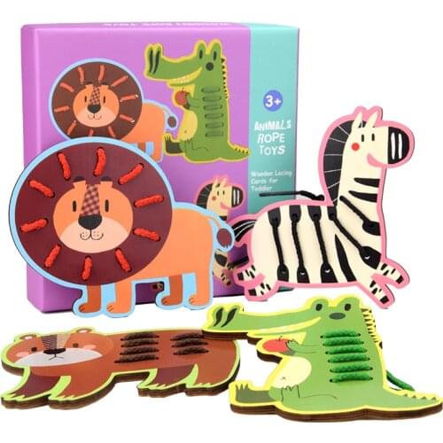 Wooden Kindergarten Mouse Threading Board Lacing Beech Wooden Sewing Toys Dinosaur Button Beaded Blocks For Boys Girls Products