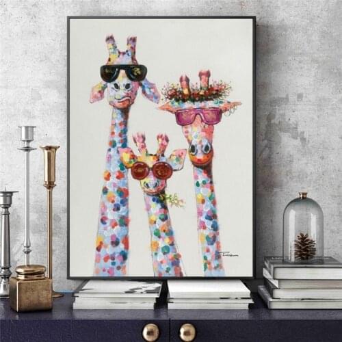 Kids Room Funny Giraffe Family with Glasses Canvas Print Pictures Colorful Cat Wall Art Poster and Print for Living Room Decor