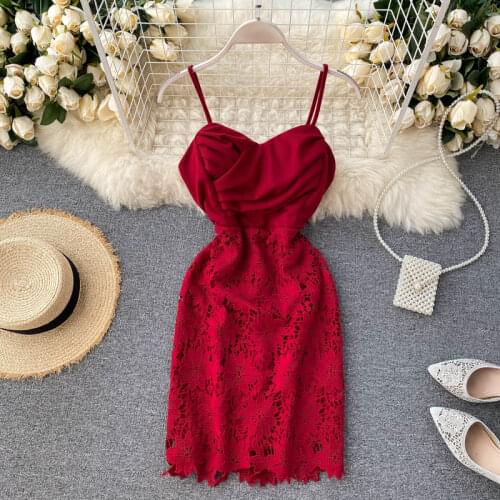 Elegant Lace Dress Women Solid Spaghetti Strap V-neck Sleeveless Bodycon Mini Dress 2021 Summer Chic Ladies Party Dress Vestidos