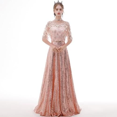 Sequins Formal Party Dress O-Neck A-Line Half Sleeves Floor-length Lace Bling Plus size Customized Woman Evening Dresses A179