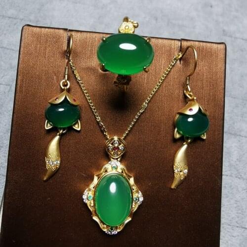 3pcs Vintage 925 Sterling Silver Jewelry Sets For Women Natural Green Jade Rings/Earrings/Necklace Retro Party Gemstones Jewelry