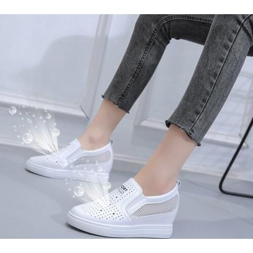Platform sneakers White Shoes Women Platform Shoes Slip-on Sneakers Breathable Hollow Solid Female Height Increasing Footwear