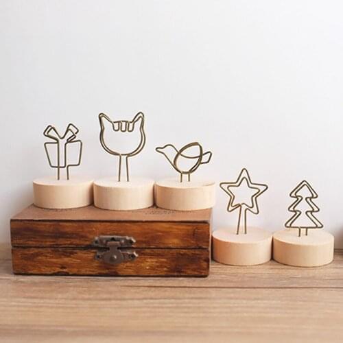 Round Wood Base Desktop Metal Photo Clip Creative Shape Memo Name Card Postcard Table Holder Wedding Party Table Decoration