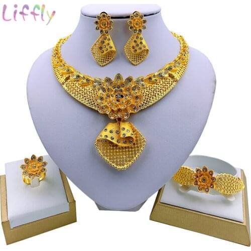 Liffly African Fashion Jewelry Sets Flower Necklace Bracelet Earrings Ring Crystal Jewelry Wedding Bridal Jewelry Set