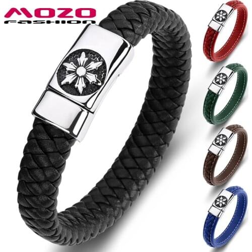 MOZO FASHION Stainless Steel Charm Magnetic Multi Color Men Bracelet Leather Braided Trendy Six-Pointed Star Jewelry Gifts 075
