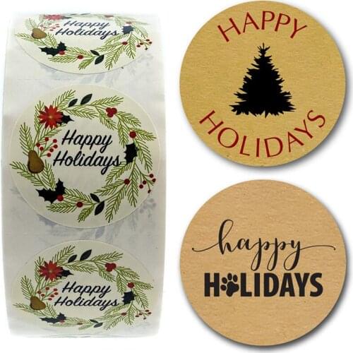 Ivory Floral Happy Holiday Sticker Christmas Stickers Gift Card Festival Decoration Seal Labels with Xmas Tree Dog Cat Paw