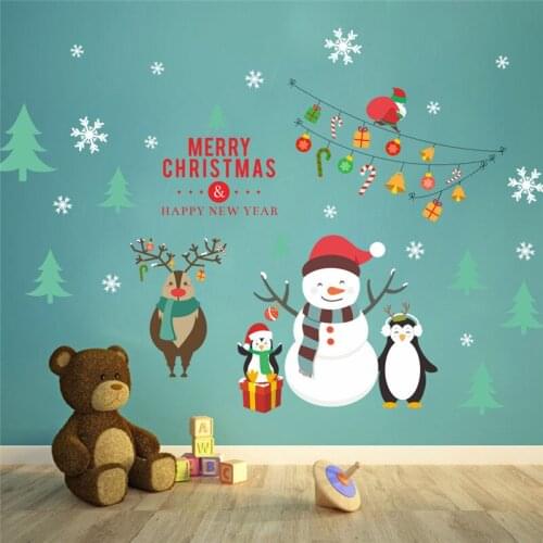 Lovely Snowman Reindeer Penguin Celebrate Christmas Wall Stickers For Shop Home Decoration Kids Bedroom Wall Art Pvc Decals