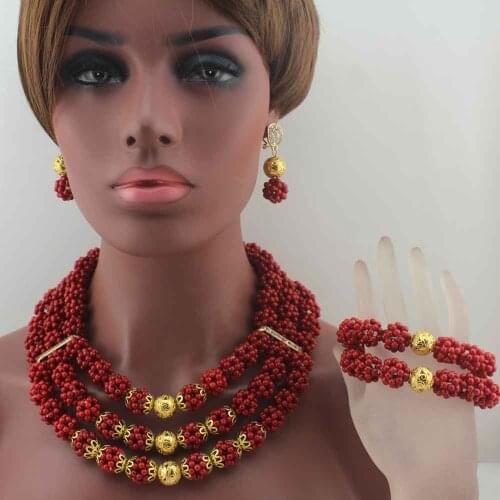 2019New African Red/Golden Coral Beads Jewelry Set earrings Nigerian Wedding Indian Costume Bridal Necklace Set Free Ship W14013
