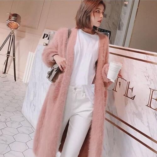 Autumn winter womens angora rabbit cardigans long sweater looser pearl button pocket thick warm mink cashmere cardigans wsr685