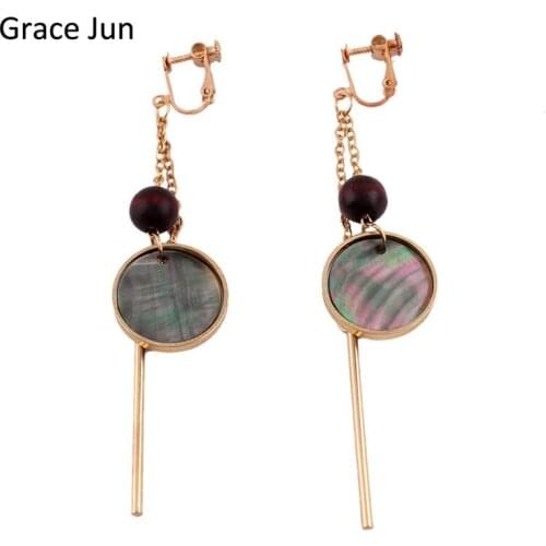 New Vintage Copper Gold Color Freshwater Pearls Round Shell Clip on Earrings Non Piercing for Women Party Long Chain Earrings