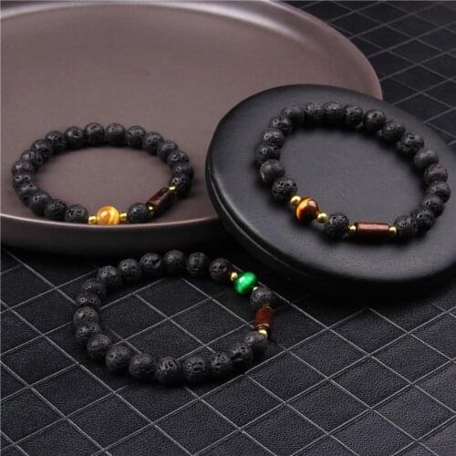 New Fashion Bracelet Jewelry Men Women Elasticity Natural Black Lava Tiger Eye Stone Beaded Bracelet Wholesale Friendship Gift