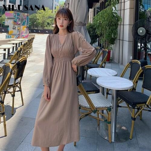XIBUSANA 2020 Autumn New V-Neck Button Dress Ladies Solid Lace Up Vintage Long Sleeve Slim Loose Mid Calf A-Line Dresses Female