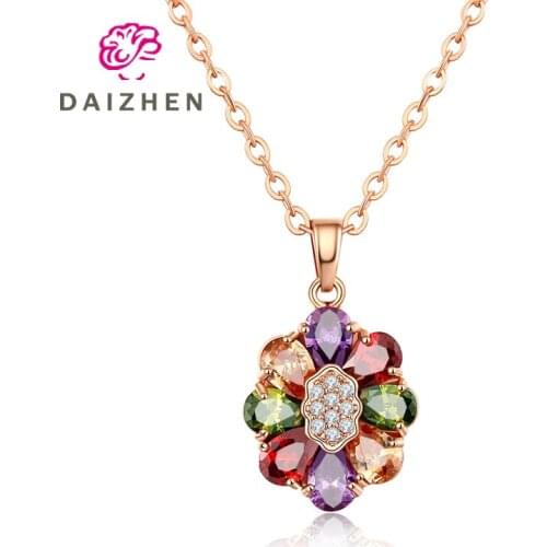 Colorful Round Flower Pendant Necklace Fashion Multicolor CZ Crystal Necklaces Beautiful Women Lady Gift Xmas Jewelry