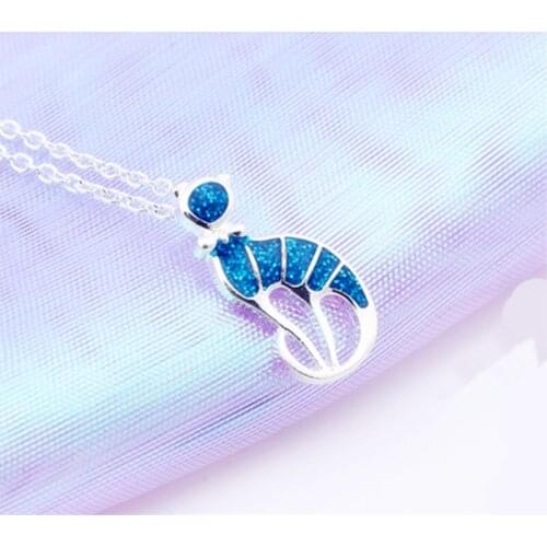 Cute Lucky Cat Opal Necklaces & Pendants Fashion Tone Ocean Blue Necklace For Women Jewelry Multi-color Necklaces