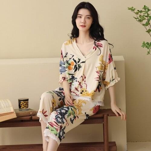 2 Piece Colorful Pajamas Suit With Shorts Floral Print Lace V Neck Pyjamas For Ladies Soft Thin Mujer Night Clothing Plus Size