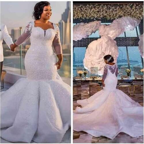South African Mermaid Wedding Gowns Lace Appliques Plus Size Sheer Long Sleeves Bridal Gowns Satin Chapel Train Wedding Vestidos