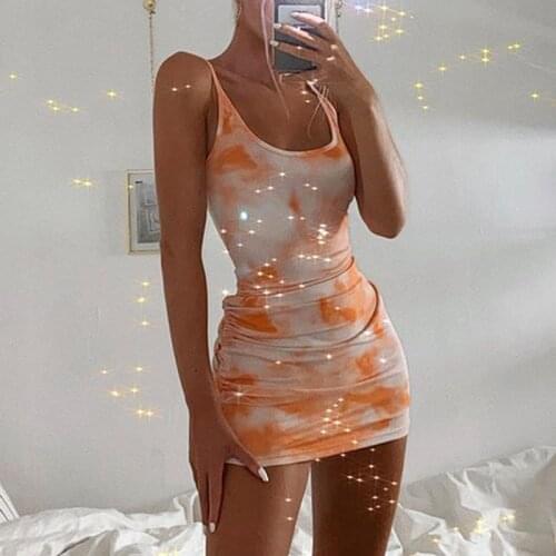Orange Sexy Cami Straps Dress Women Drawstring Sleeveless Tie Dye Print U Neck Slim Mini Basic Casual Summer Party Fashion Dress