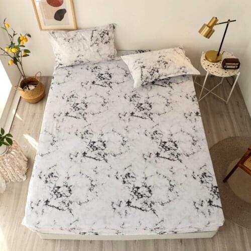 J 3 pcs Fitted Bed Sheet Marble Black and White Color Printed Queen Size Bed Sheets and Pillowcase drap housse 180x200