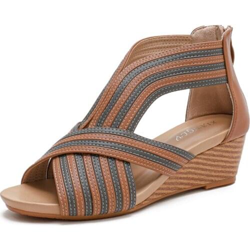 Slope heel casual leather stitching sandals women summer fashion womens ladies fish mouth Roman sandals women